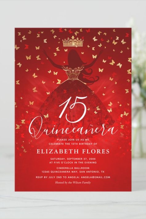 Elegant Dress Crown Red and Gold Quinceanera Invitation! #birthday #happybirthday #birthdaycards #birthdayparty #elegant #Quinceanera Red Quince Invitations, Red Gold Quinceanera, Red And Gold Quinceanera, Gold Quinceanera, Butterfly Confetti, Red Quince, Sparkle Gown, Quince Invitations, Quinceanera Invitation