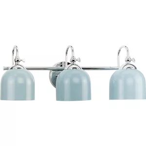 Dalton Collection Three-Light Farmhouse Polished Chrome Metal Shade Bath Vanity Light Farmhouse Vanity Lights, Blue Vanity, Blue Bath, Progress Lighting, Bath Vanity Lighting, Coastal Blue, Chrome Metal, Task Lighting, Lighting Store