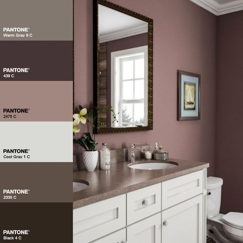 Mauve And White Bathroom, Dark Plum Bathroom Ideas, Small Mauve Bathroom, Plum Bathroom Walls, Mauve Half Bath, Mauve Bathroom Vanity, Mauve Powder Room, Restroom Color Ideas Paint, Mulberry Bathroom