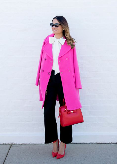 HauteLook x kate spade new york Magenta Outfit, Pink Coat Outfit, Smart Chic, Pink Wool Coat, New York Outfit, Winter Coat Outfits, New York Outfits, Wardrobe Makeover, Neon Fashion