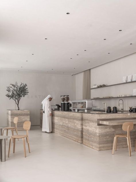 Earth — fortytwelve Travertine Bar Counter, Bagel Bake, Cafe Bench, Coffee Shop Counter, Coffee Restaurant, Matcha Cafe, Minimal Kitchen Design, Boho Logo Design, Coffee Counter