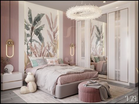 Girls bedroom with pink Backdrop and colored leaves wall paper Sophisticated Feminine Bedroom, Pink Green Bedroom Ideas, Pink And Green Themed Room, Pink Green And White Bedroom, Pink And Green Bedrooms, Light Green And Pink Bedroom, Pink Luxury Bedroom, Girls Green Bedroom Ideas, Pink And Green Girls Bedroom