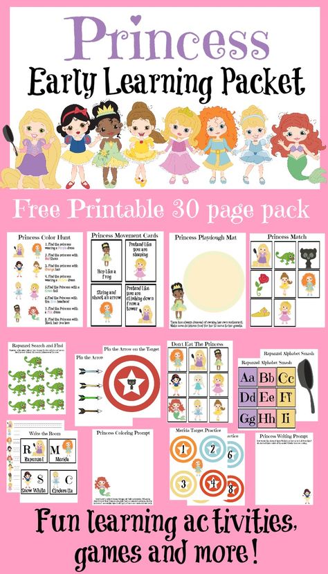 FREE 30 Page Princess Learning Pack Princess Activities, Printable Princess, Disney Classroom, Activities For Children, Activities Games, Free Homeschool, Free Preschool, Preschool Printables, Preschool Learning Activities