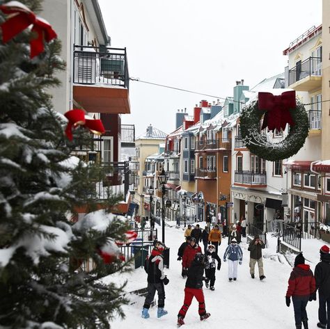 At Christmastime, Canada's pedestrian village Mont Tremblant turns into a winter wonderland, complete with skiing, tubing, dogsledding, and horse-drawn sleighs. Toufou, the town mascot, greets visitors who come for events such as the holiday parade, Lumberjack Day, concerts and entertainment from the Grelot Family elves, and generational storytelling on Legends Day. Vernon Canada, Tremblant Quebec, Christmas Towns, Ski Village, Holiday Parades, Ski Cabin, Christmas Destinations, Mont Tremblant, Christmas Card Art