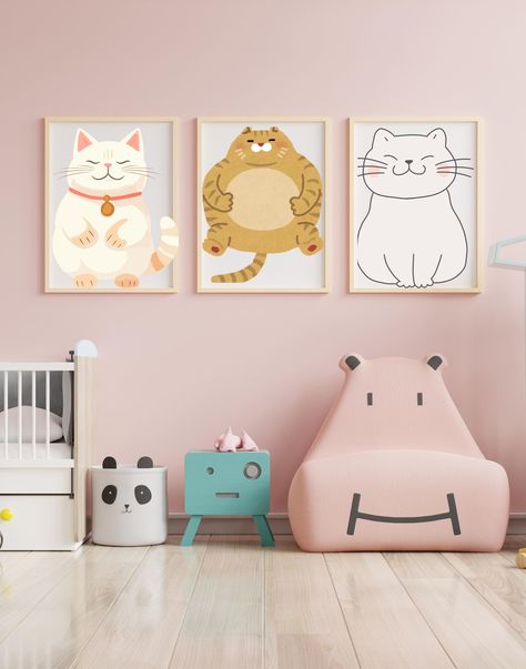 Cat Themed Nursery, Cat Bedroom, Cat Nursery, Art For Nursery, Fun Nursery, Nursery Poster, Three Cats, Wall Art Nursery, Cat Wall Art