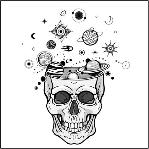 Mystical drawing: Planets fly out of the human skull, cosmic symbols. Alchemy, magic, esoteric, occultism. Monochrome vector illustration isolated on white stock illustration Drawing Planets, Planets Drawing, Cosmic Symbols, Planet Sketch, Alchemy Magic, Symbols Illustration, Galaxy Drawings, Brain Drawing, Realistic Fake Tattoos