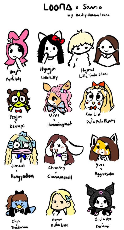 badly drawn loona on Twitter: "LOONA x Sanrio… " Loona Art, Loona Fanart, Twice Fanart, Baguio, Odd Eyes, Kpop Fanart, Drawing Artwork, Kpop Funny, Free Baby Stuff