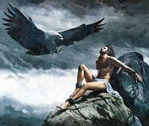 For his punishment, Prometheus was chained to a rock. He was also tortured by an eagle every day. Greek Titans, Greece Mythology, World Mythology, Greek Heroes, Legends And Myths, Greek And Roman Mythology, Ancient Mythology, Roman Mythology, Mythology Art