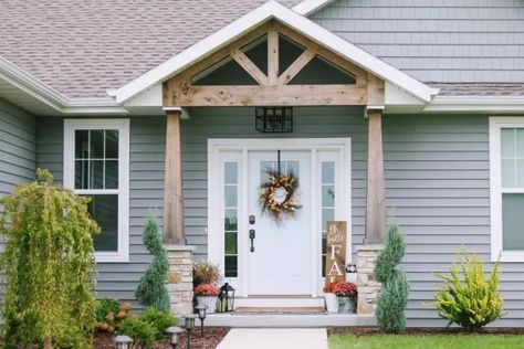 Add Front Porch To Mobile Home, Front Door Addition Entrance, Raised Ranch Front Porch, Front Porch On Ranch Style House, 70s Ranch Exterior Remodel, Front Of House Makeover, Front Porch Renovation, Small Front Porches Designs, Front Porch Remodel