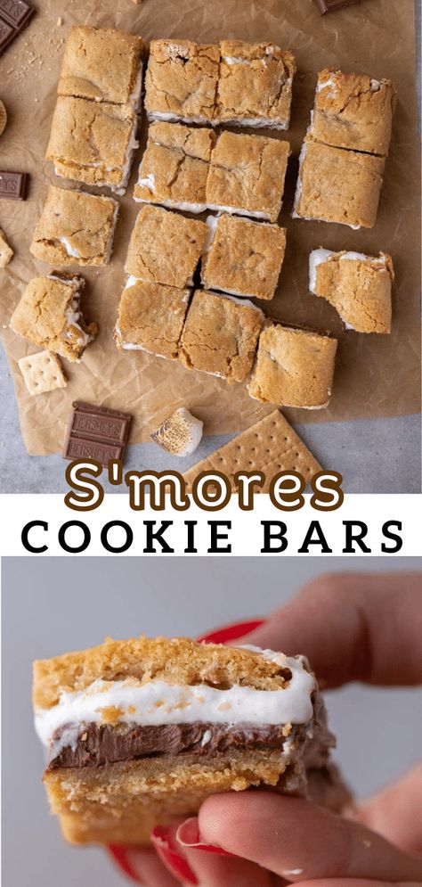 These delicious s'mores cookie bars are filled with delicious marshmallow creme and chocolate bars in the center. S’mores Blondies, Fall Bbq Desserts, Bigfoot Trailer, Lifestyle Of A Foodie, Dessert Squares, Smores Dessert, Smore Recipes, Trailer Camping, Dessert Recipies