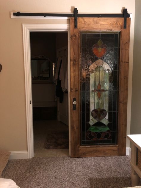 The stained glass was originally a window in my Grandmom’s house. We turned it into a sliding door. I love how it turned out. #diyproject #diyhomedecor #barndoors #betterhomesandgardens #heirloom #homedecorideas #uniquehome #home #stainedglassart #stainedglasswindows #glassdoor #antique #antiques #customdoors Stained Glass Pantry Door, Stain Glass Barn Door, Stained Glass Double Doors, French Door Faux Stained Glass, Stained Glass Wooden Door, Stained Glass Door, Sliding Door, Better Homes And Gardens, Stained Glass Art