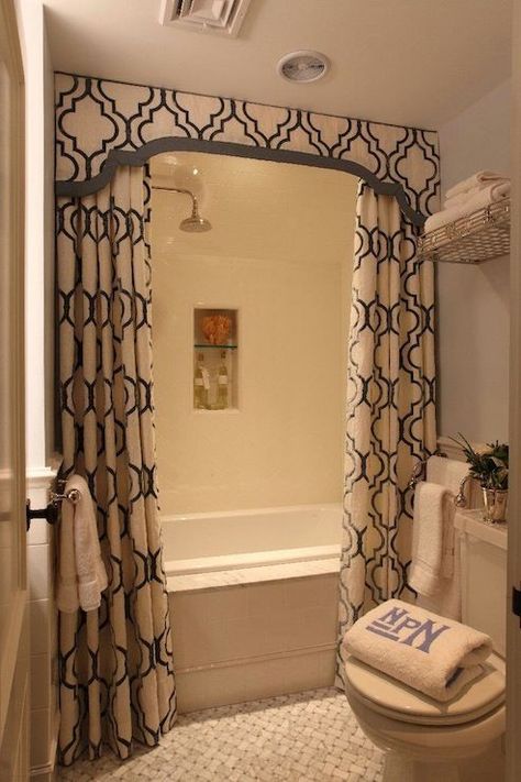 Like this idea, would use different fabrics. Home Design Collections: Luxurious Houses With Stunning Architecture And Interior Design Shower Curtain With Valance, Double Shower Curtain, Luxury Shower Curtain, Casa Country, Bathroom Decor Luxury, Luxurious Showers, Custom Made Curtains, Luxury Shower, Custom Shower Curtains