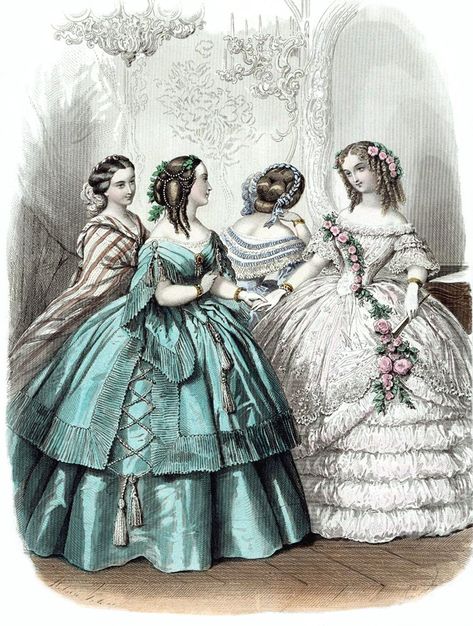 "1850's fashion plate. Cards are printed on Warm White 80 lb. cover stock and come with matching envelopes. They come in three sizes- 3.5\" x 5\" when folded, 4.5\" x 5.5\" when folded, and 5\"x 7\" when folded. They can be ordered in ten packs, and you can add your own message, use one of ours, or leave them blank. Now available in Postcards printed on 4\" x 6\" 100 lb. warm white cover stock. Postcards do not come with envelopes. They make great invitations or announcements and can be framed a 1830s Fashion, 1850s Fashion, 1860 Fashion, 1800s Fashion, Period Dress, 19th Century Fashion, History Fashion, White Cover, Fairytale Dress