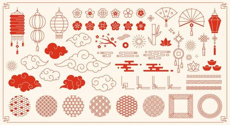 Chinese Culture Aesthetic, Chinese Pattern Design, New Year Elements, Book Illustration Layout, New Year Symbols, Chinese Illustration, Chinese Element, Chinese Pattern, Flower Symbol