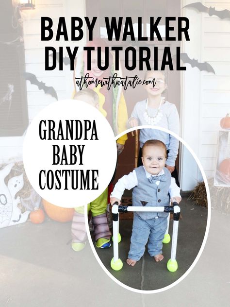 Sharing our Halloween Photos and Video and a quick tutorial on the baby walker I made Asher for his Grandpa Costume! Baby Grandpa Costume, Baby Hippie Costume Boy, Diy Walker For Kids Costume, Stroller Halloween Costumes For Boys, Baby Stroller Costume, Quick Halloween Costumes Last Minute Men, Granny Costume, Diy Baby Costumes, Sibling Halloween Costumes