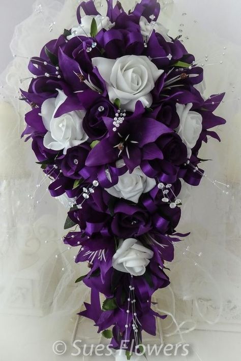 Very Realistic Quality Foam and Silk Roses. Size is Approx 17in Long and 9 in Across. Brides Bouquet ,Bridesmaid Bouquets, Buttonholes, Corsages. Wands, & Hairpeices. We will always help you to have a 100% positive happy buying experience. | eBay! Purple Black And White Wedding Flowers, Purple And Gold Bouquet, Purple Rose Bouquet, Purple And White Wedding, Purple And Silver Wedding, Teardrop Bouquet, Purple Bouquets, Purple Wedding Bouquets, Bouquet Bridesmaid