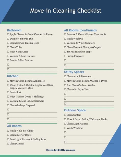 Printable Move-in Cleaning Checklist For Your "New" Old House - Everyday Old House Move In Cleaning Checklist, Move Out Cleaning Checklist, Move In Checklist, House Checklist, Deep Cleaning House, New Home Checklist, House Move, Move Out Cleaning, Move In Cleaning