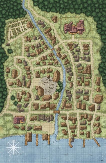 Roderics Cove by Matthias Rotenaicher, Return of the Runelords, Pathfinder, Paizo, town, map, d20, city, port, coast, village, river, settlement, forest, D&D, RPG, fantasy Pathfinder Maps, Fantasy City Map, Fantasy Map Making, Village Map, Fantasy Village, Dnd World Map, Fantasy Town, Fantasy World Map, Tabletop Rpg Maps