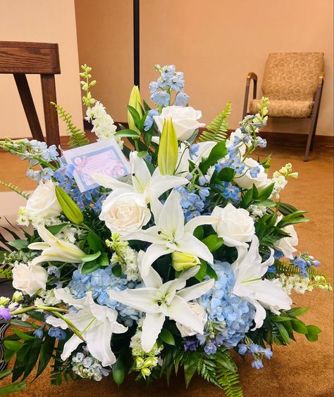 Playa blanca white rose, blue hydrangea, white oriental lily, and light blue delphinium sympathy arrangement. 🩵🤍 Blue Sympathy Flowers, Hydrangea And Rose Arrangement, Flower Arrangement Hydrangeas, Blue White Flower Arrangements, Beachy Flowers, Light Blue Delphinium, Blue Flower Arrangements, Hydrangea White, White Flower Arrangements