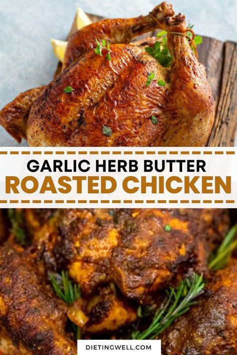 Elevate your dinner game with a mouthwatering twist - Garlic Herb Butter Roasted Chicken! 🌿🧄 Juicy and tender, this dish is a crowd-pleaser. The combination of savory garlic and aromatic herbs creates a delightful explosion of flavors. Ready to impress your guests? Give it a go! #RoastedChickenRecipe #FlavorfulDelights #CookingInStyle Roast Chicken Tenders, Butter Roasted Chicken, Whole Baked Chicken, Sweet Potato Black Beans, Garlic Herb Butter, Herb Roasted Chicken, Oven Roasted Chicken, Herb Chicken, Roast Chicken Recipes