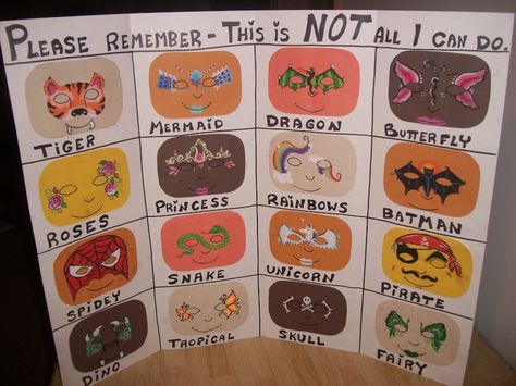 Image Board Painting Name Ideas, Face Painting Display Board Ideas, Face Painting Poster Board Ideas, Face Painting Menu Board, Face Painting Sign, Kids Face Painting, Paint Display, Face Painting Example Board, Face Paint Set