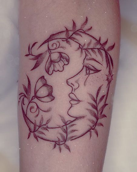 Girly Moon Tattoos, Moon And Fairy Tattoo, Moon Girl Tattoo, Moon Tattoo With Face, Moon Lady Tattoo, Moon With Face Tattoo, Whimsical Tattoo Sleeve, Moon Tattoos For Women, Whimsy Tattoo