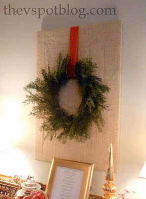 At Christmas time, wrap "everyday" artwork with burlap and hang a wreath on it. Wrap Pictures On Wall For Christmas, Wrapping Wall Art For Christmas, Art For Christmas, Burlap Ideas, Work Christmas Party, Neutral Fabric, Everyday Decor, Winter Decorations, Fabric Spray