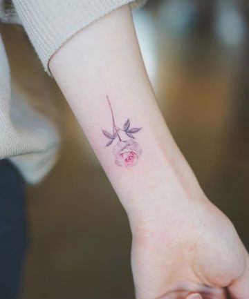 Tinted Rose Tattoo Pink Rose Tattoo, Small Flower Tattoo, Rose Tattoo Forearm, White Rose Tattoos, Realistic Rose Tattoo, Pink Rose Tattoos, Tiny Wrist Tattoos, Small Rose Tattoo, Flower Wrist Tattoos