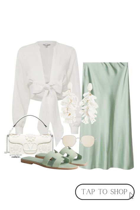 Mint Satin Skirt Outfit, Green Satin Skirt Outfit Summer, Mint Green Outfit Ideas, Green Satin Skirt Outfit, Satin Skirt Outfit Summer, Green Satin Skirt, Summer Holiday Style, Slip Skirt Outfit, Mint Sandals