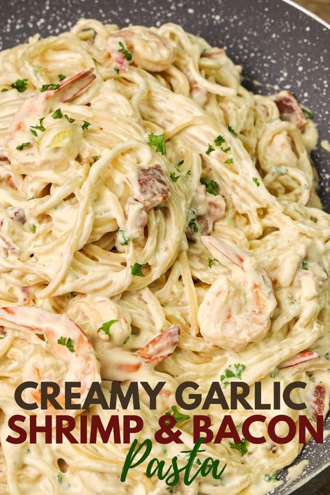 Creamy Bacon Shrimp Linguine, Creamy Bacon Carbonara Pasta, Shrimp And Bacon Recipes, Shrimp Carbonara Pasta, Shrimp And Bacon Pasta, Shrimp And Bacon, Clean Eating Shrimp, Bacon Shrimp, Bacon Pasta Recipes