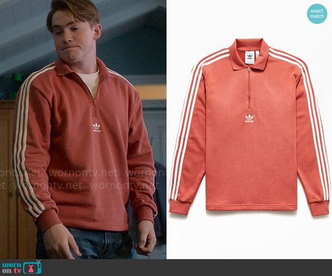 Nick’s coral half zip Adidas pullover on Riverdale. Outfit Details: https://wornontv.net/379952/ Heartstopper Fashion, Nick Nelson, London Boy, Adidas Adicolor, Adidas Pullover, Tv Fashion, Fashion Tv, Long Sleeve Polo Shirt, Long Sleeve Polo