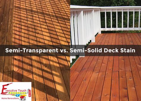 For staining your deck, there are many colours and opacities to choose from. Before staining, you should decide on the look you want for the deck. Solid colours will completely hide the grain of the wood, while transparent or semi-transparent colours allow the grain to show-up. The higher the opacity of the colour you choose, the less grain will be shown. Semi Transparent Wood Stain Colors, Semi Solid Deck Stain, Semi Transparent Deck Stain, Solid Stain Deck Colors, Solid Stain Deck, Sherwin Williams Deck Stain, Semi Solid Stain, Wood Deck Stain, Best Deck Stain