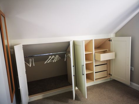 Loft Bedroom Closet Ideas, Loft Bedroom Cupboards, Murphy Bed On Slanted Wall, Built In Wardrobe Ideas Half Wall, Slanted Ceiling Bedroom Storage, Cape Cod Closet, Cape Cod Closet Ideas Sloped Ceiling, Eaves Storage Ideas Angled Ceilings, Dormer Closet Ideas