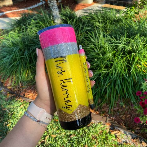 Pencil Tumbler, Teacher Tumbler, Teach Love Inspire, Teacher Friends, Cute Pens, Custom Cups, Glitter Pens, Pompano Beach, Gifts For Teachers