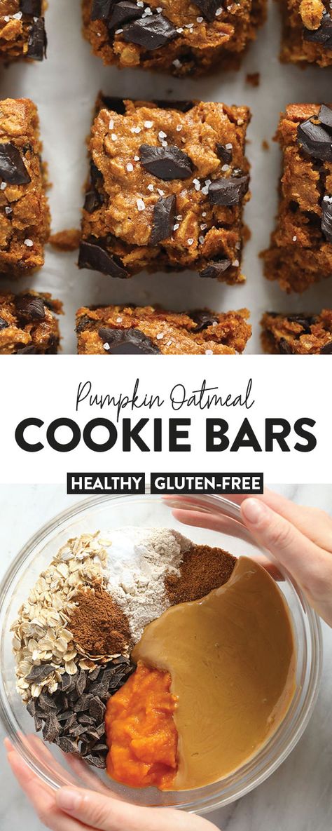 Say hello to the more glorious fall dessert you've ever feasted your eyes on -- Pumpkin Oatmeal Cookie Bars made with maple syrup, cashew butter, and pumpkin puree! Oatmeal Cookie Bars, Bars Healthy, Pumpkin Oatmeal Cookies, Fit Foodie Finds, Dairy Desserts, Fit Foodie, Desserts Vegan, Pumpkin Oatmeal, Oatmeal Cookie