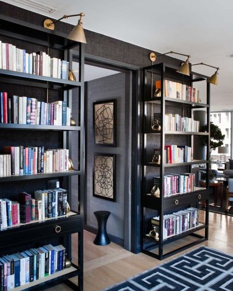 Design Detail: Library Lights Gallerie B Black Bookcase, Black Rooms, Home Theaters, Home Libraries, Book Shelves, Book Stuff, Home Library, A Living Room, Style At Home