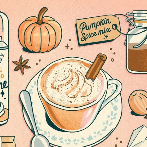 Pie Drawing, Recipe Illustration, Pumpkin Spice Latte Recipe, Pumpkin Spiced Latte, Cozy Fall Recipes, Food Illustration Design, Pumpkin Spice Recipe, Recipe Drawing, Halloween Wallpaper Cute