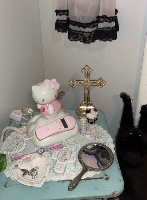 @ ellammartin on ig #preciousmoments #hellokitty #sanrio #coquette Coquette Goth Room, Morute Room Ideas, Coquette Sanrio Room, Grunge Living Room, Morute Core Room, Creepy Coquette, Room Decor Coquette Grunge, Sanrio Coquette, Pastel Goth Decor