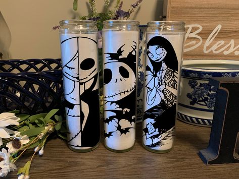 Nightmare Before Christmas Bottles, Nightmare Before Christmas Tumbler, Christmas Candle Crafts, Dollar Tree Candles, Nightmare Before Christmas Jack Sally, Tall Candles, Candle Crafts, Candle Projects, Candle Ideas