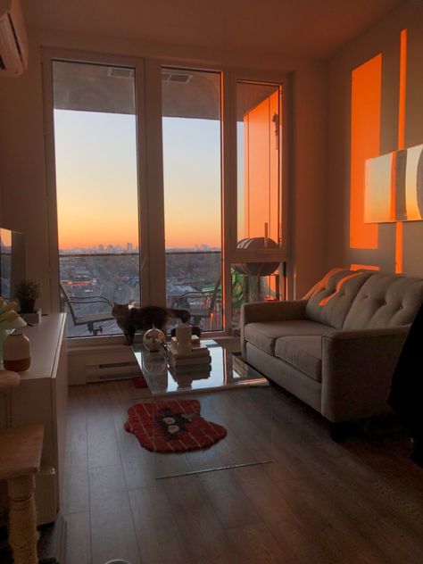 small space, apartment, sunrise, city view, living room inspo, simple, decoration, glass coffee table City View Living Room, Room Inspo Simple, Sunrise Apartment, Sunrise City, Simple Decoration, Aesthetic Apartment, Living Room Apartment, Couch Table, Ladybug Anime