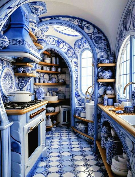 White European Kitchen, Snowy Pictures, European Kitchen, Window Kitchen, Awesome Houses, Round Window, Blue White Decor, Kitchen Aesthetic, French Country Kitchen