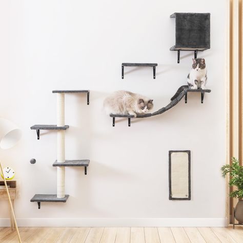 PRICES MAY VARY. Multi-functional Design: The 6-piece wall-mounted cat climbing set includes an open-space cat bridge, a widened jumping platform, a cozy cat perch, a semi-circle jumping platform, a three-tier cat tree climbing shelf, and a cat scratching board. It meets the various climbing and exploring needs of cats, and you can place each component in the desired location based on your home's layout and your cat's activity range. Perfect Furniture Match: The gray-white Cat Wall Shelves featu House Bridge, Cat Climbing Wall, Cat Climber, Cat Wall Shelves, Grey And White Cat, Cat Wall Furniture, Cat Tree Condo, Cat Perch, Climbing Wall