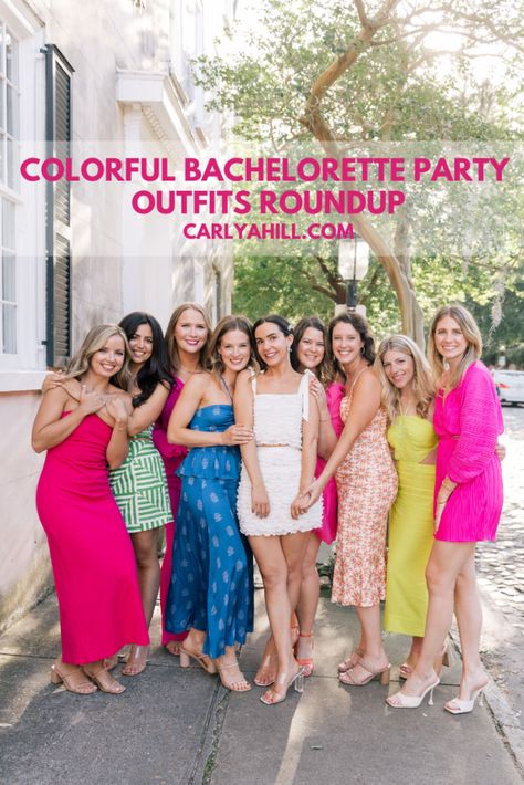 Colorful Bachelorette Party Outfits Roundup Bright Colored Bachelorette Outfits, Bachelorette Colorful Outfits, Bachelorette Party Outfit Ideas Group, Floral Bachelorette Party Outfits, Savannah Bachelorette Outfits, Bachelorette Coordinating Outfits, Florida Bachelorette Outfits, Bright Bachelorette Party Outfits, Bright Color Bachelorette Party Outfits