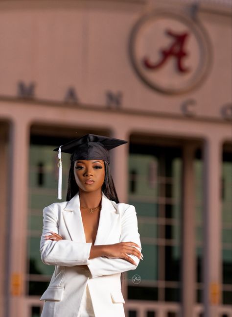 #blackgirlsgraduate #universityofalabama #whitesuit Graduate Photoshoot, Graduation Board, Graduation Boards, College Grad Photos, Grad Poses, Nursing Graduation Pictures, Graduation Shoot, Inspo Pictures, Graduation Look