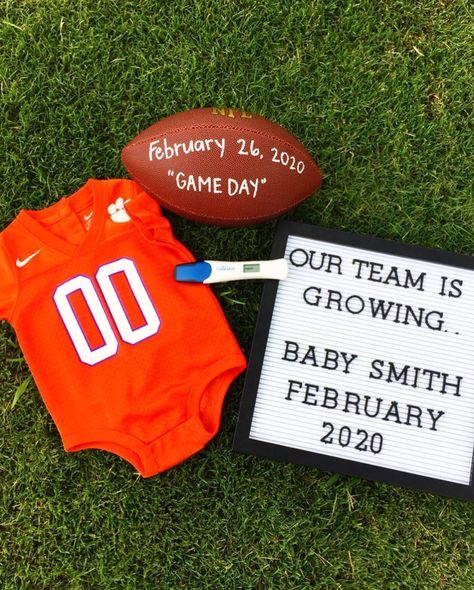 Super Bowl Pregnancy Announcement, Sports Baby Announcement, Football Gender Reveal Ideas, Pregnancy Reveal To Husband First, Football Baby Announcement, Sports Pregnancy Announcement, Country Baby Announcement, Football Pregnancy Announcement, First Baby Announcements