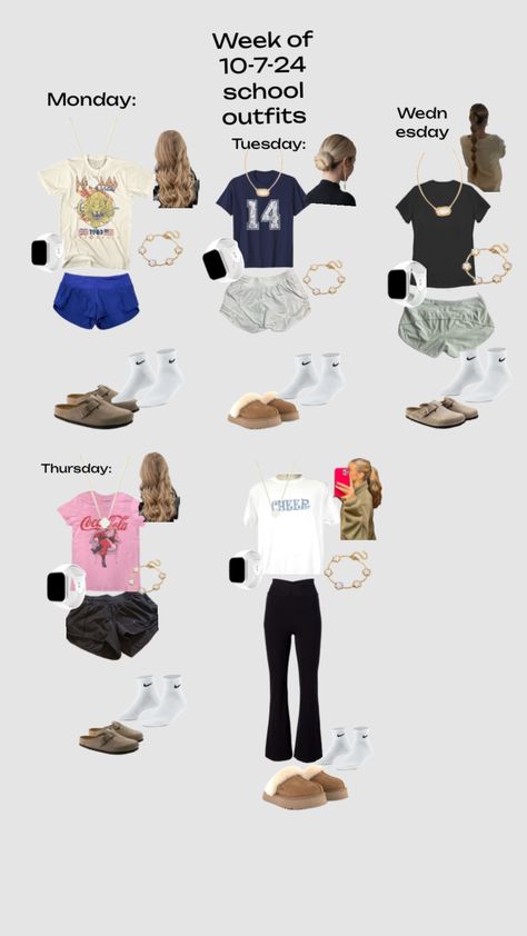 Outfits of the week! School Dresscode Outfit, Outfits For The Week School, School Outfits Warm Weather, School Outfit Ideas Middle School, Days Of The Week Outfits, Cute Easy Outfits For School, Outfits For The Week, Outfits Of The Week, School Fit