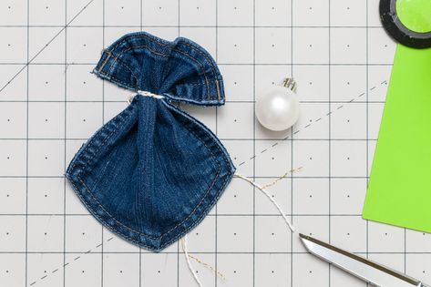 Angel Wings Denim Pocket Angel Diy, How To Make Denim Pocket Angels, Angels Made From Jean Pockets, Denim Angel Ornament Diy, Denim Pocket Angels, Denim Angel Ornament, Memory Angels From Clothes, Memory Crafts From Clothes Diy, Jean Pocket Angels