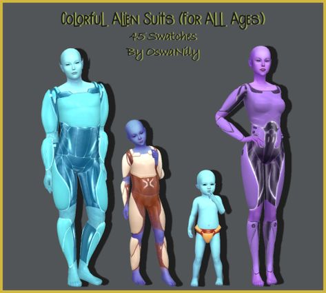 OswaNily — Colorful Alien Suits! I was making over some... Sims 4 Alien, Alien Suit, Colorful Alien, Alien Clothes, Mod Hair, Content Words, Cc Mods, Sims 5, Sims 4 Children