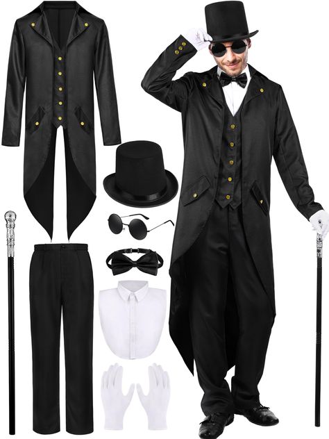 PRICES MAY VARY. Vintage Tailcoat Costume Set: This Halloween men's tailcoat costume set includes what you need for a vintage steampunk look—1 retro tailcoat,1 pair of pants, 1 fake collar,1 pair of gloves, 1 top hat, 1 bow tie, 1 pair of vintage round glasses, and 1 silver staff prop. Delicately packaged in 1 elegant gift box, this set is ideal for Halloween parties and retro punk role-play events. Premium Materials: Crafted for comfort and durability, the tailcoat, pants, and fake collar are m 18th Century Costume Men, Steampunk Pirate Costume, Vintage Round Glasses, Steampunk Pirate, Wedding Wardrobe, 18th Century Costume, Vintage Steampunk, Fake Collar, Richard Iii