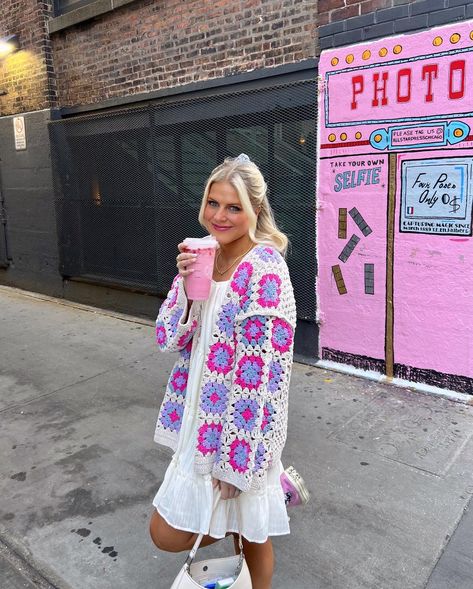 Flower Child Cardigan *RESTOCKED* – Coco McCall Shop Flower Child Aesthetic Outfit, Flower Cardigan Outfit, Fun Cardigans, Flower Child Outfits, Granny Square Clothes, Granny Square Crochet Cardigan, Teacher Attire, Teacher Ootd, Flower Cardigan